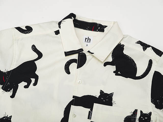 【シャノアシャツ】黒猫プリント バックポケット付き開襟シャツ 創業40周年記念 日本製 No.2296