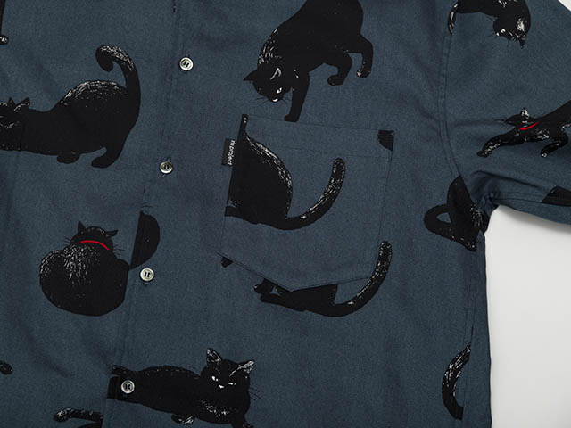 【シャノアシャツ】黒猫プリント バックポケット付き開襟シャツ 創業40周年記念 日本製 No.2296